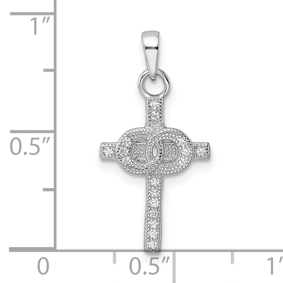 Sterling Silver Rhodium-Plated Cz Double Rings On Cross Pendant