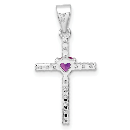 Sterling Silver Rhodium-Plated Pink Cz Heart And Clear Cross Pendant