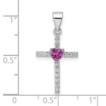 Sterling Silver Rhodium-Plated Pink Cz Heart And Clear Cross Pendant