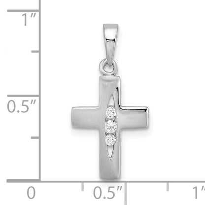Sterling Silver Rh Polished And Brushed Cz Mini Cross Pendant
