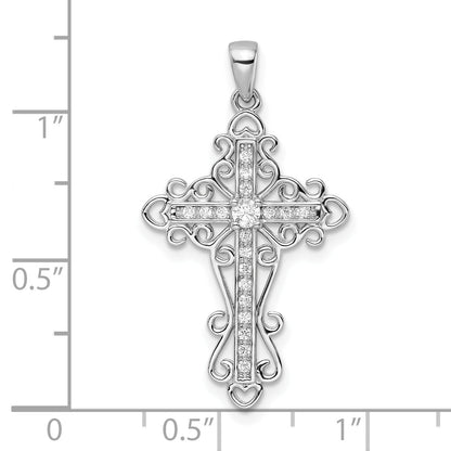 Sterling Silver Rhodium-Plated Cz Fancy Cross Pendant