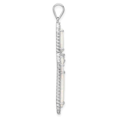 Sterling Silver Rh-Plated White Created Opal & Cz Border Cross Pendant