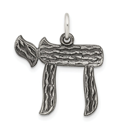Sterling Silver Solid Antiqued And Textured Chai Symbol Pendant