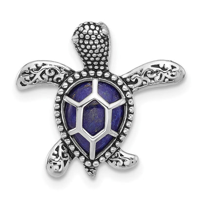 Sterling Silver Rhodium Plated Polished and Antiqued Lapis Turtle Chain Slide