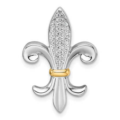 Sterling Silver Rh-Pl w/Silver/14K Two-Tone Accent CZ Fleur De Lis Chain Slide Pendant