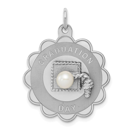 Sterling Silver Rhodium Graduation Day Disc With Fw Cultured Pearl Charm