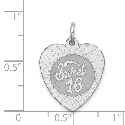 Sterling Silver Rhodium-Plated Sweet Sixteen Heart Disc Charm