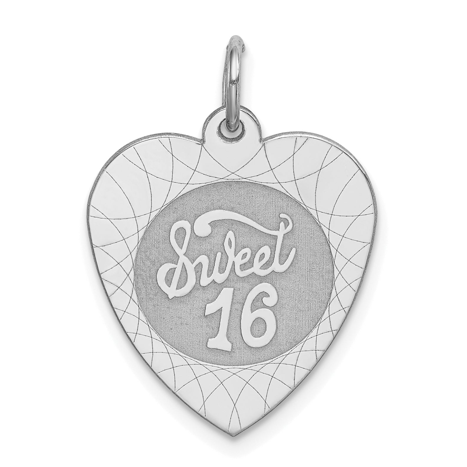 Sterling Silver Rhodium-Plated Sweet Sixteen Heart Disc Charm