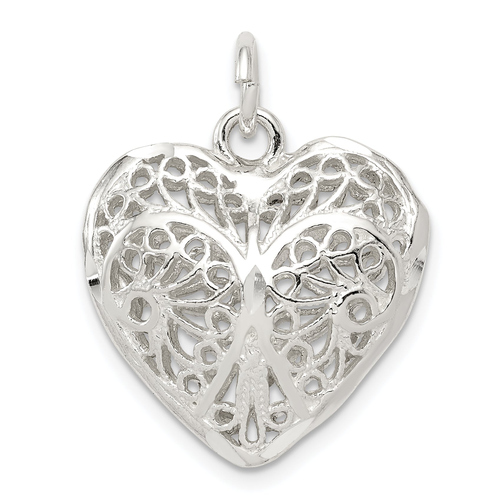 Sterling Silver Fancy Filigree Puffed Heart Charm
