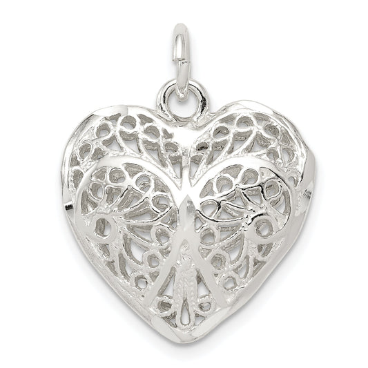 Sterling Silver Fancy Filigree Puffed Heart Charm
