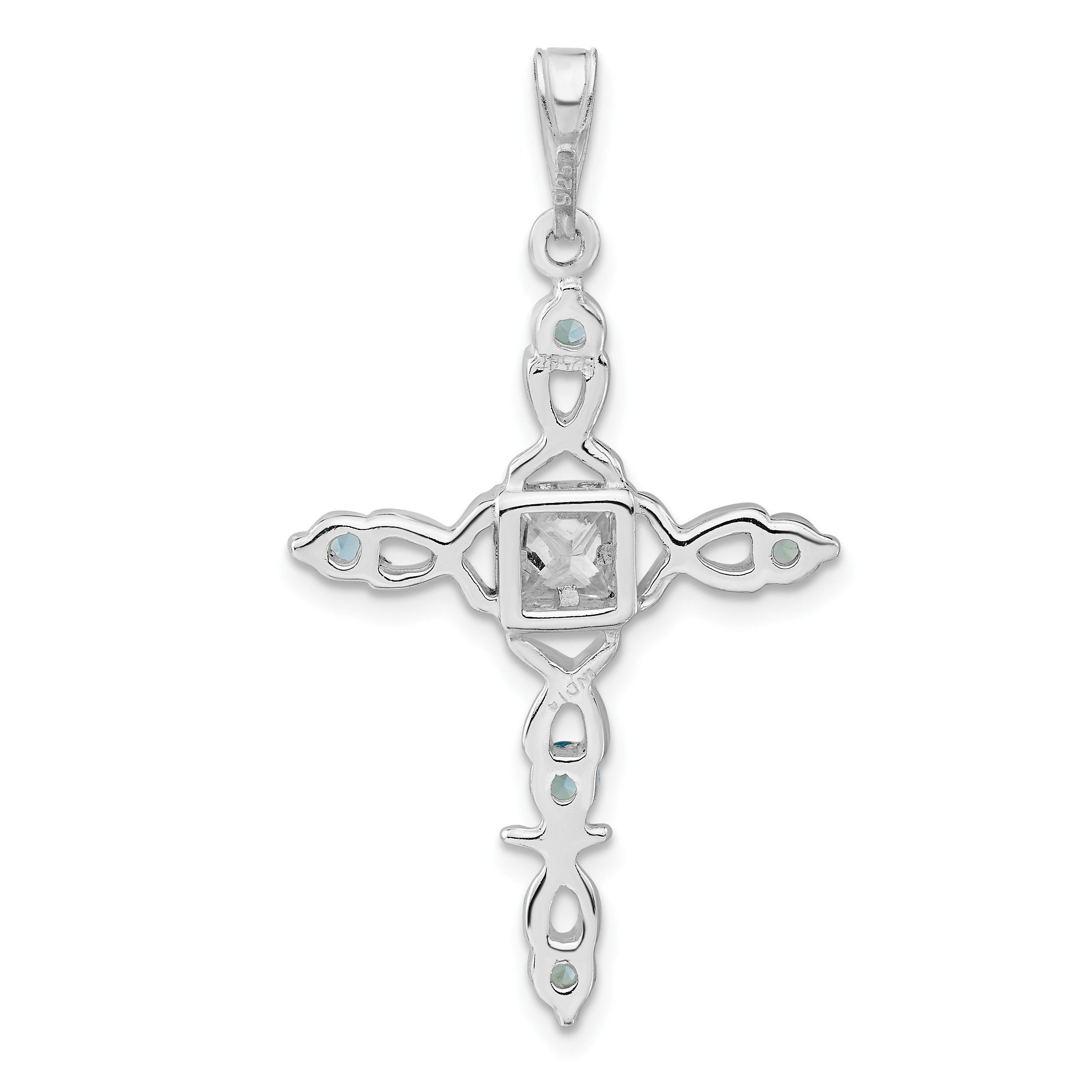 Sterling Silver Polished Blue & Clear Cz Fancy Cross Pendant