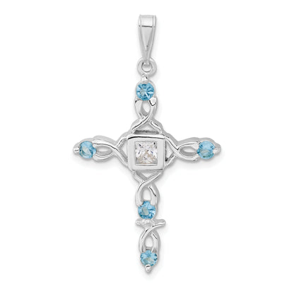 Sterling Silver Polished Blue & Clear Cz Fancy Cross Pendant