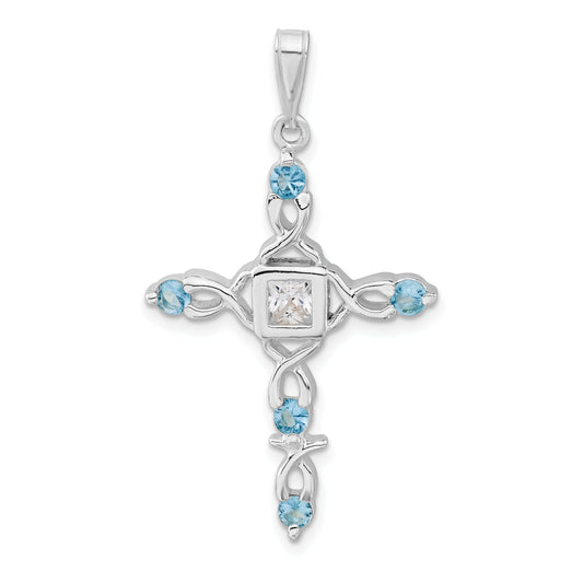Sterling Silver Polished Blue & Clear Cz Fancy Cross Pendant