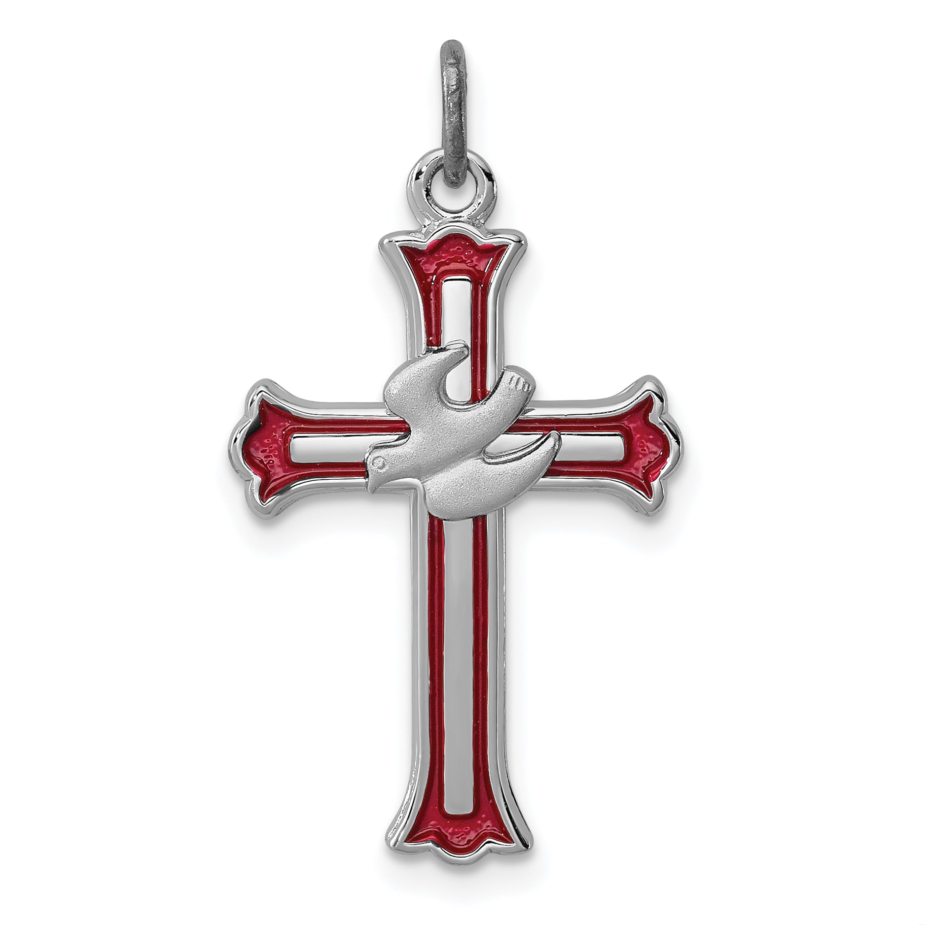 Sterling Silver Rhodium-Plated Enameled Cross W/Dove Charm