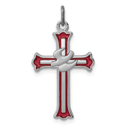 Sterling Silver Rhodium-Plated Enameled Cross W/Dove Charm