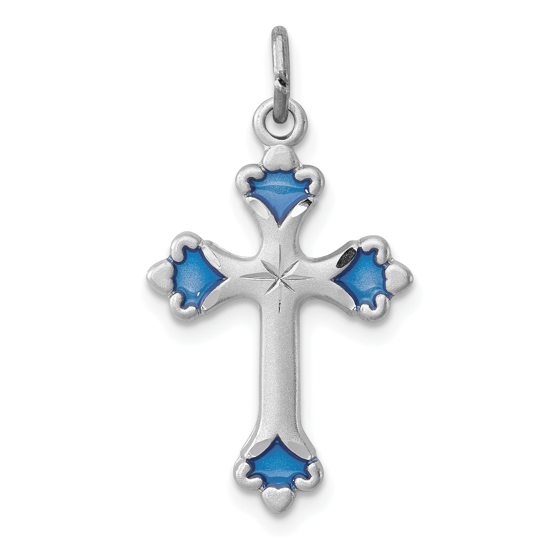 Sterling Silver Rhodium-Plated Blue Enameled Budded Cross Charm