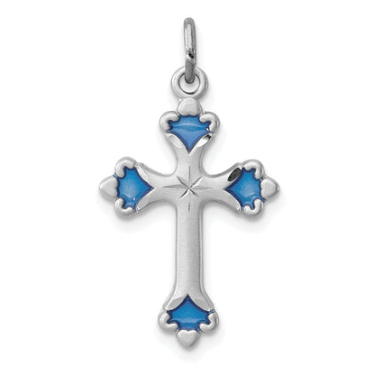 Sterling Silver Rhodium-Plated Blue Enameled Budded Cross Charm