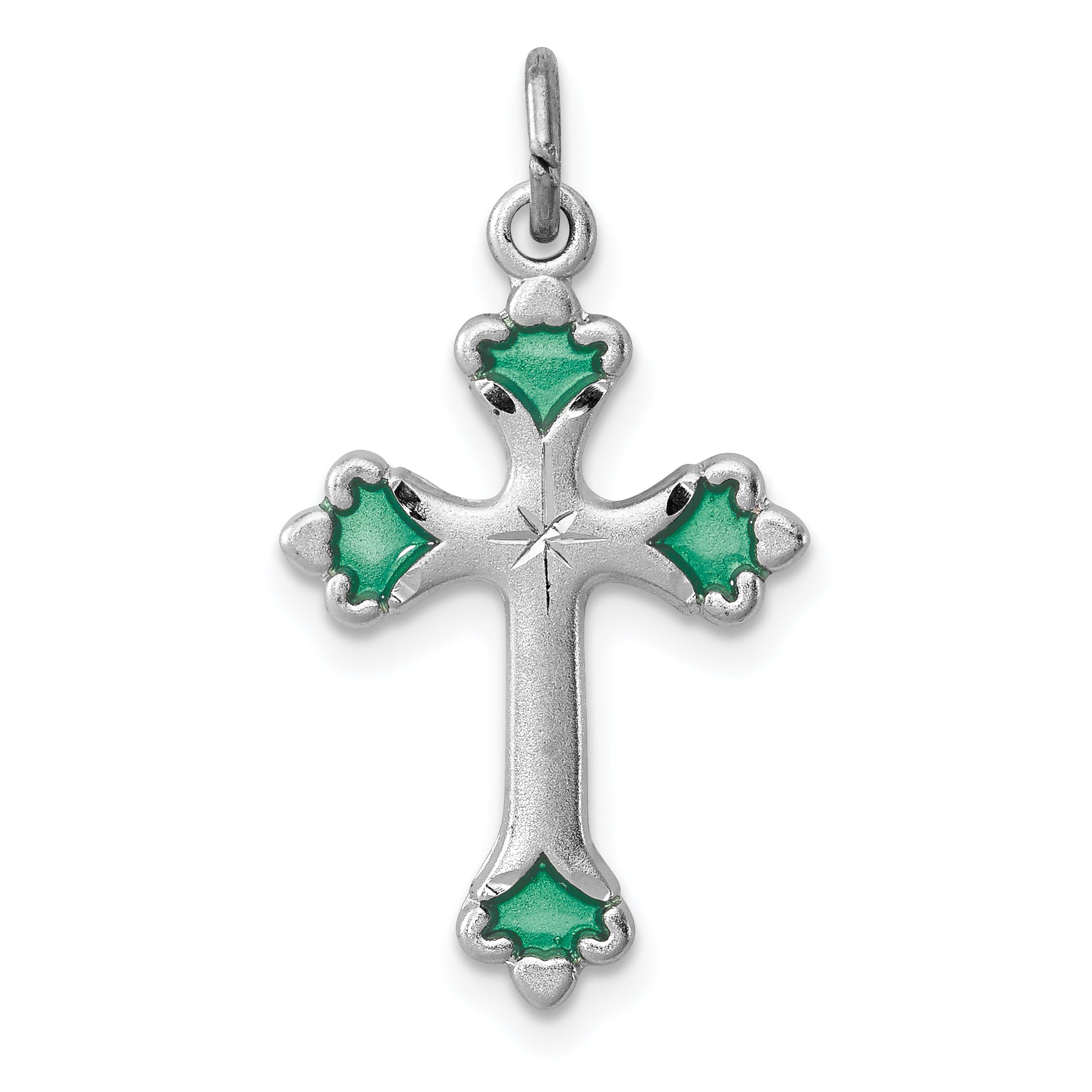 Sterling Silver Rhodium-Plated Green Enameled Budded Cross Charm