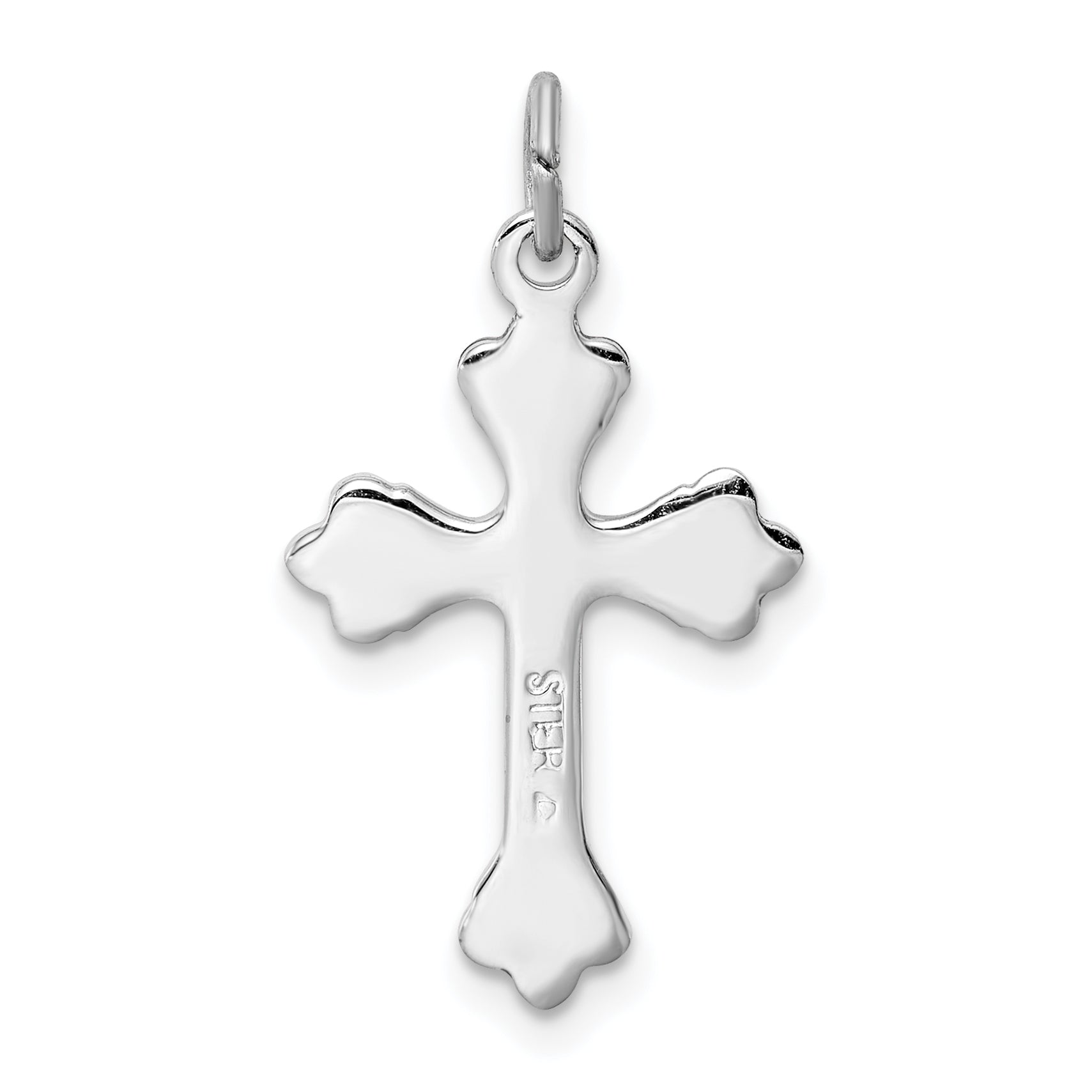 Sterling Silver Rhodium-Plated Pink Enameled Budded Cross Charm