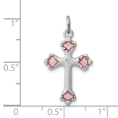 Sterling Silver Rhodium-Plated Pink Enameled Budded Cross Charm