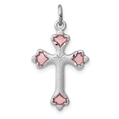 Sterling Silver Rhodium-Plated Pink Enameled Budded Cross Charm