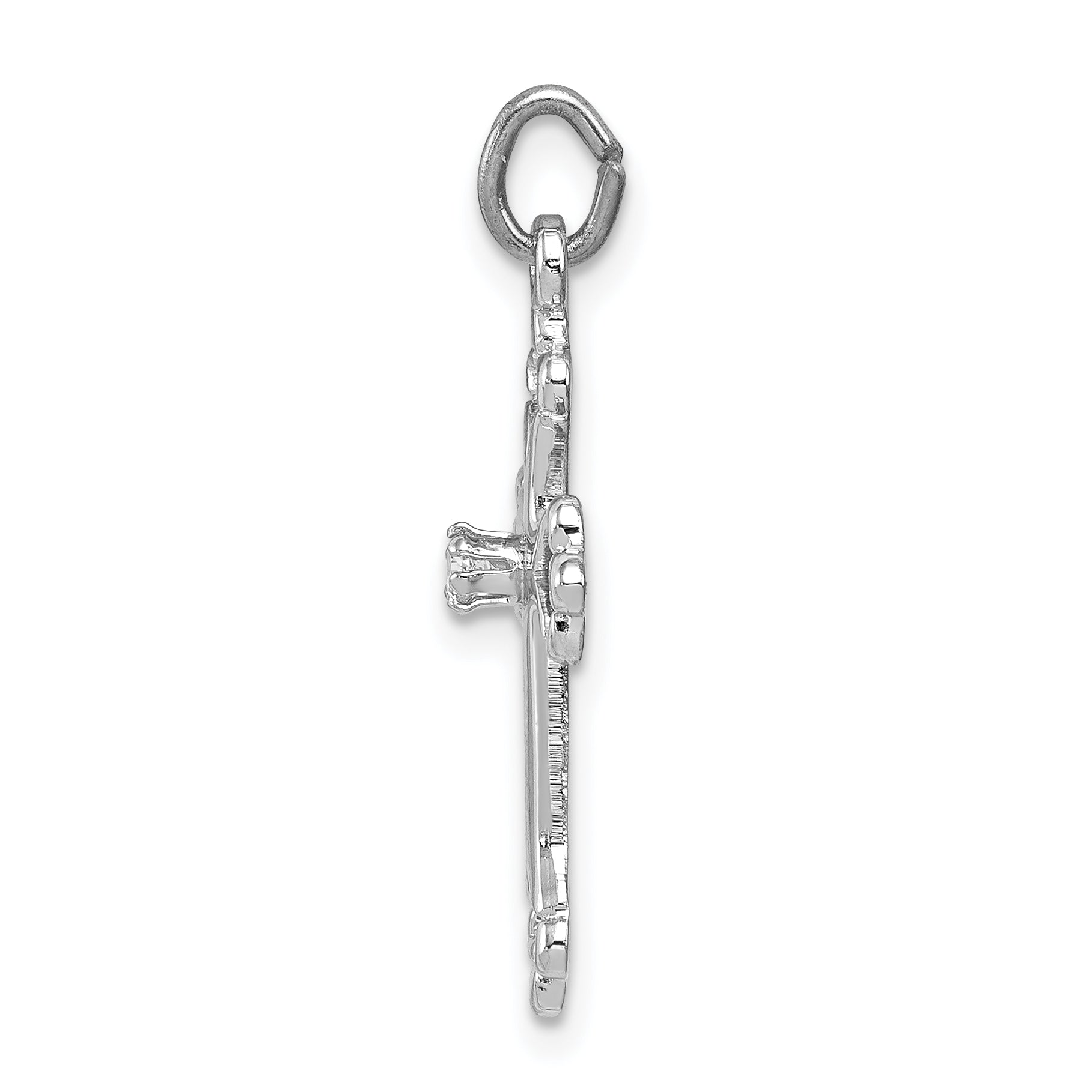 Sterling Silver Rhodium-Plated Budded Cross W/Cz Charm