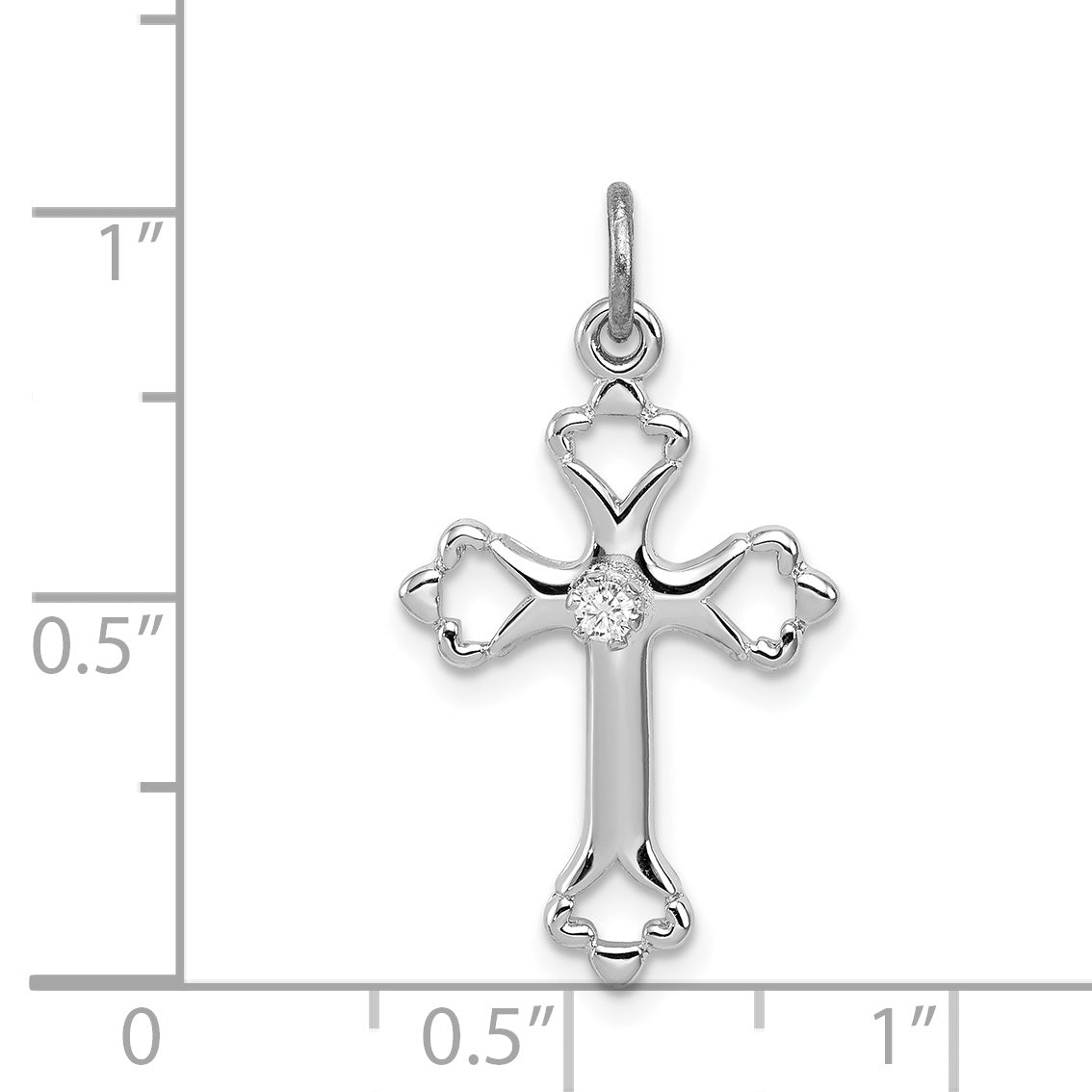 Sterling Silver Rhodium-Plated Budded Cross W/Cz Charm