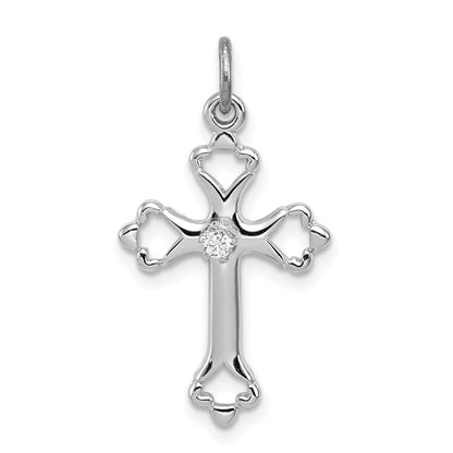 Sterling Silver Rhodium-Plated Budded Cross W/Cz Charm