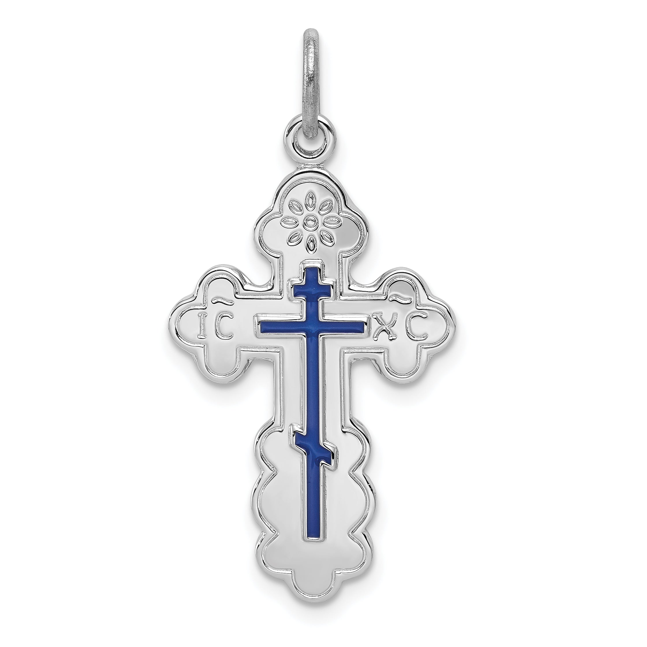Sterling Silver Rhodium-Plated Eastern Orthodox Blue Enamel Cross Pendant