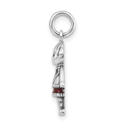 Sterling Silver Polished & Antiqued Red Black Enamel Girl Charm