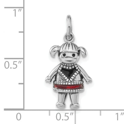 Sterling Silver Polished & Antiqued Red Black Enamel Girl Charm