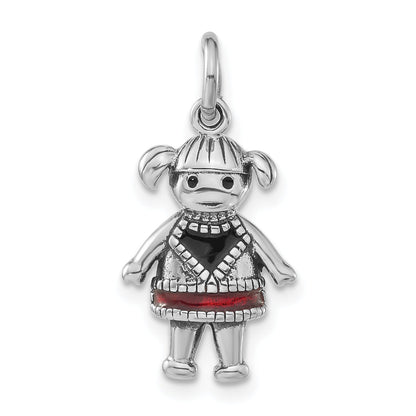Sterling Silver Polished & Antiqued Red Black Enamel Girl Charm