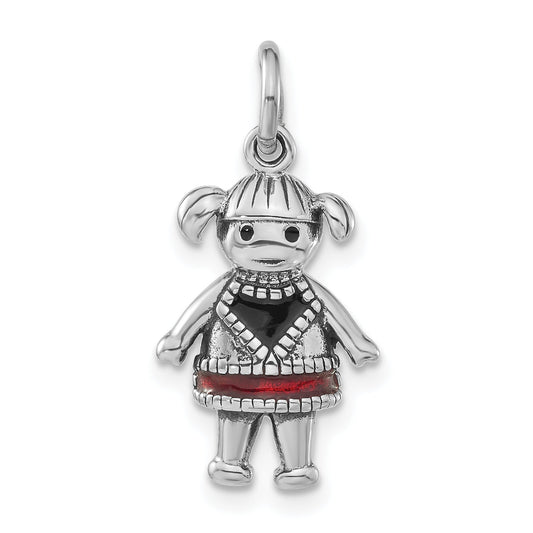 Sterling Silver Polished & Antiqued Red Black Enamel Girl Charm