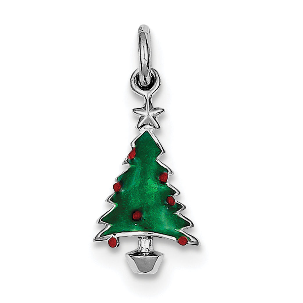 Sterling Silver Rhodium Plated Enameled Christmas Tree Charm