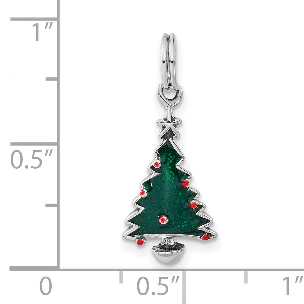 Sterling Silver Polished Green & Red Enameled Christmas Tree Charm