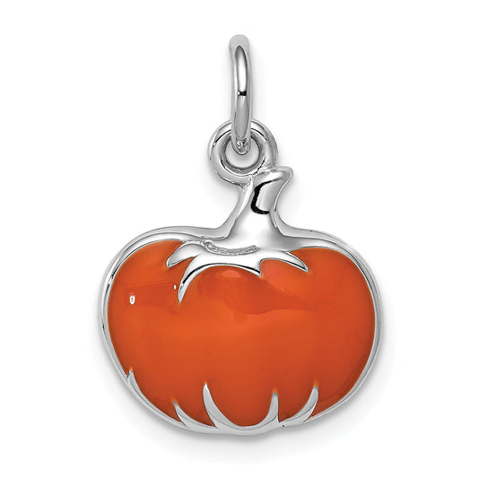 Sterling Silver Rhodium-Plated Orange Enameled Pumpkin Charm