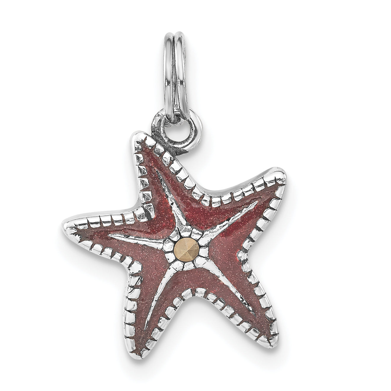 Sterling Silver Polished & Antiqued Marcasite Red Enameled Starfish Charm