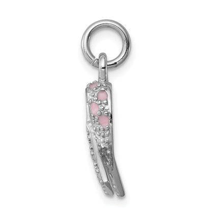 Sterling Silver Rhodium-Plated Enameled Pink Ribbon Charm