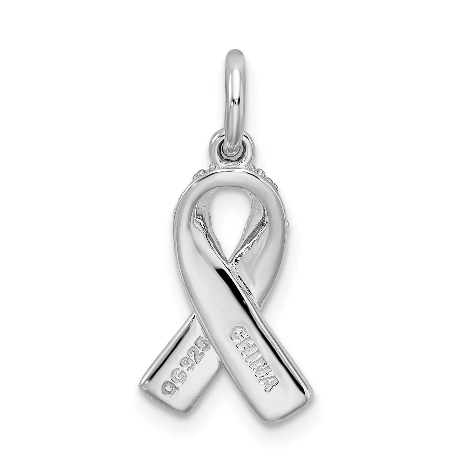 Sterling Silver Rhodium-Plated Enameled Pink Ribbon Charm