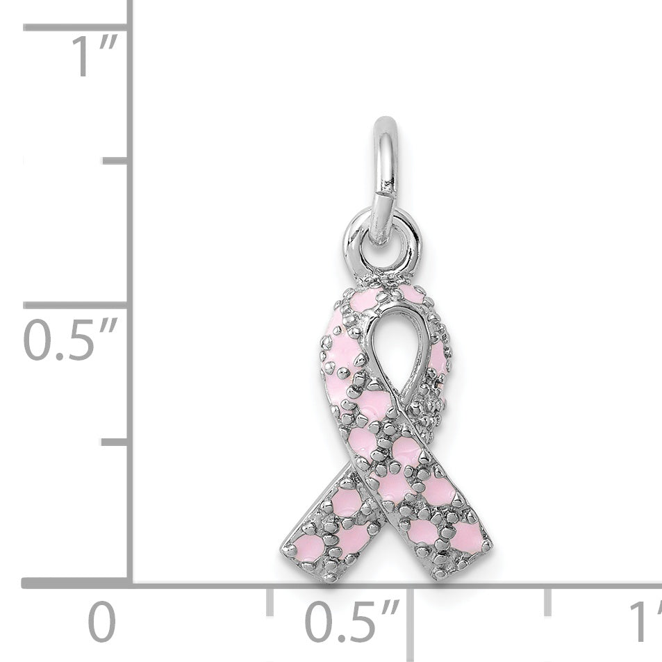 Sterling Silver Rhodium-Plated Enameled Pink Ribbon Charm