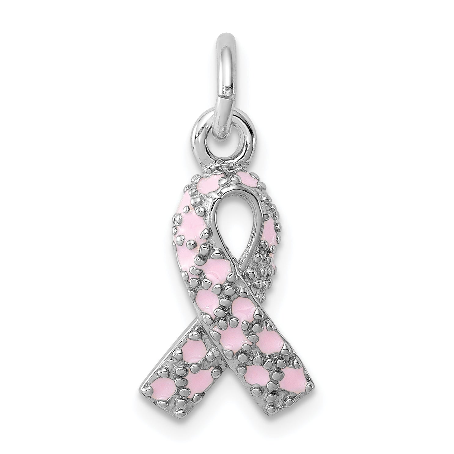 Sterling Silver Rhodium-Plated Enameled Pink Ribbon Charm