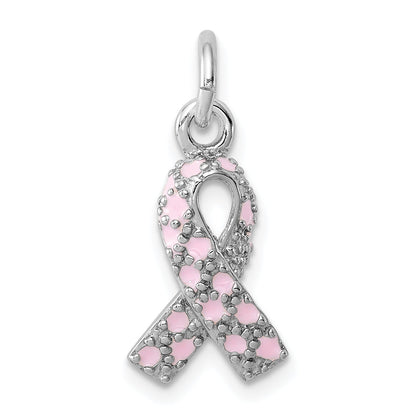 Sterling Silver Rhodium-Plated Enameled Pink Ribbon Charm