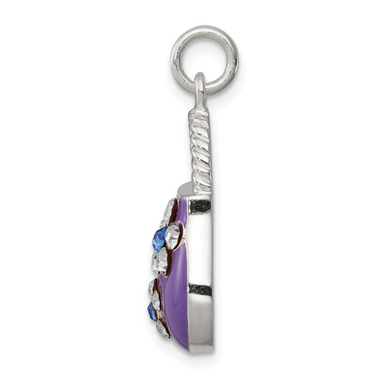 Sterling Silver Rhodium-Plated Purple Enameled Cz Purse Charm