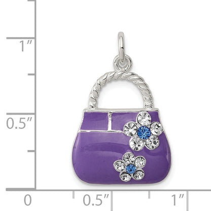 Sterling Silver Rhodium-Plated Purple Enameled Cz Purse Charm