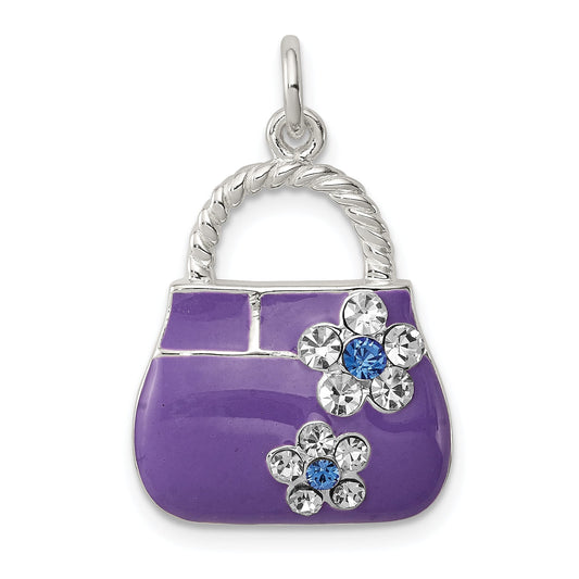 Sterling Silver Rhodium-Plated Purple Enameled Cz Purse Charm