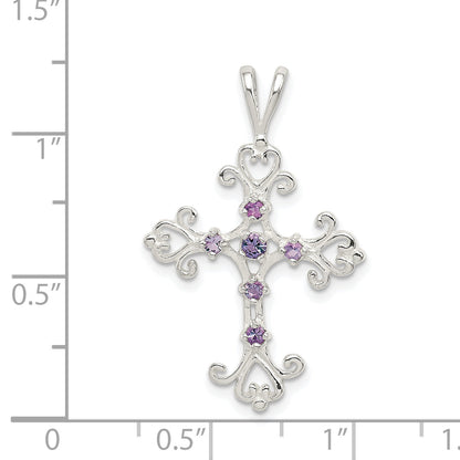 Sterling Silver Purple Cz Cross Charm