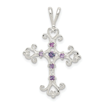 Sterling Silver Purple Cz Cross Charm