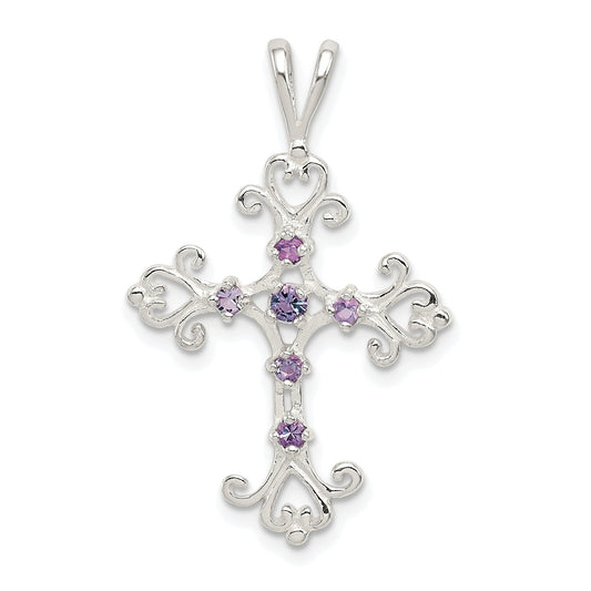 Sterling Silver Purple Cz Cross Charm