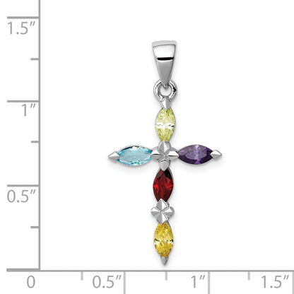 Sterling Silver Rhodium-Plated Multi-Color Cz Cross Pendant