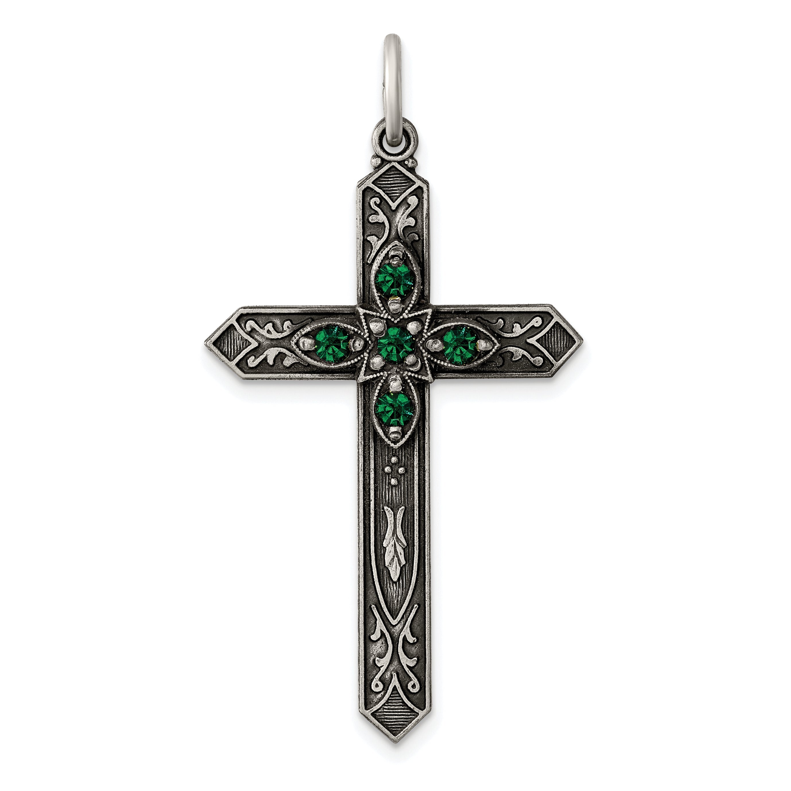 Sterling Silver Antiqued May Glass Birthstone Cross Pendant